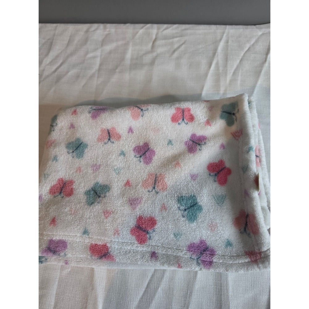 White Fleece Baby Blanket Butterfly Heart Print Pink Purple Teal 30x40